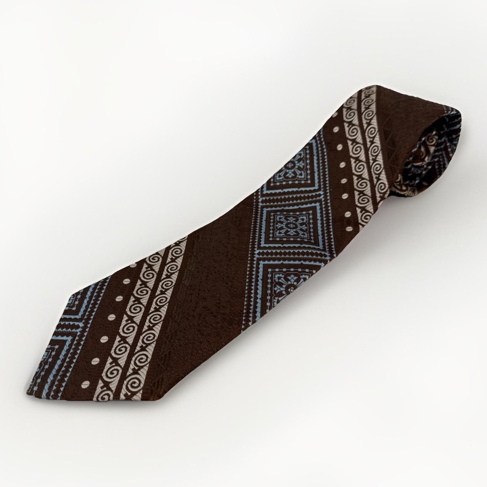 Vintage Men's Brown Cream Powder Blue Geometric Diagonal‎ Stripe Tie 70s